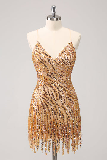 Sparkly Gold Tight Sequins V Neck Homecoming Dress with Fringes